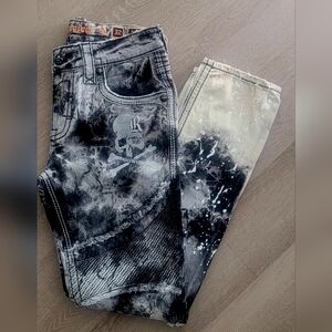 ROCK REVIVAL Skull Algodon Straight Biker Jeans Mens Size 32x33 Grey Acid Wash